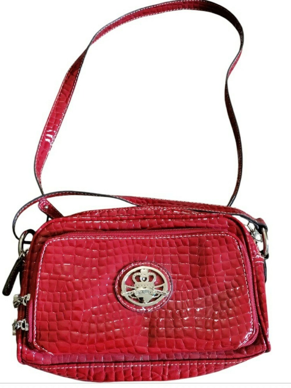 Y2K Kathy Van Zeeland Croc Embossed Shoulder Bag Multi Pocket Crown Red